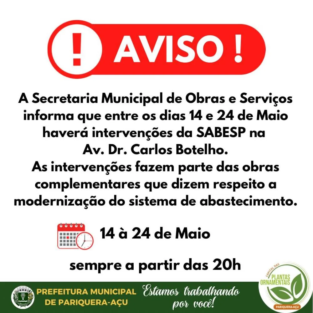INTERVENÇÕES DA SABESP SERÃO REALIZADAS NA AVENIDA DR. CARLOS BOTELHO EM PARIQUERA-AÇU
